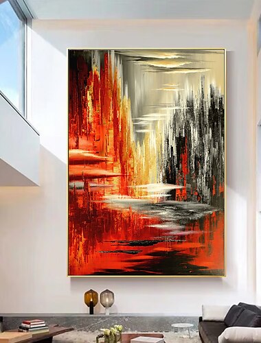  Handgefertigtes Ölgemälde auf Leinwand, Wandkunst, Dekoration, abstrakte Messermalerei, Landschaft, rot, für Wohnkultur, gerollt, rahmenlos, ungedehnt