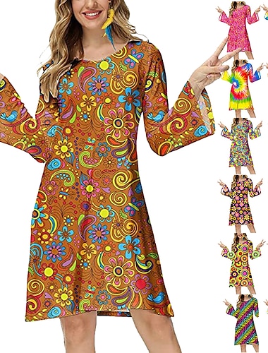  Retro vintage Jaren '70 Schijf Jurken Flare manchet mouw Hippie Opdrukken Dames Maskerade Feesten & Uitgaan Prideparade Trots maand Volwassenen Kleding