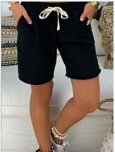  Damen Shorts Kurze Hosen Bermudas Modisch Kurz Glatt Kordelzug Seitentaschen Komfort Mikro-elastisch Urlaub Strand Schwarz Weiß Khaki Regular Fit