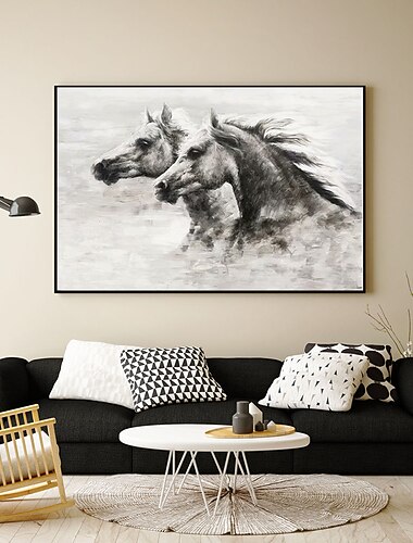  手作りの油絵キャンバス壁アート装飾グレー現代動物馬家の装飾のための圧延フレームレス未延伸絵画