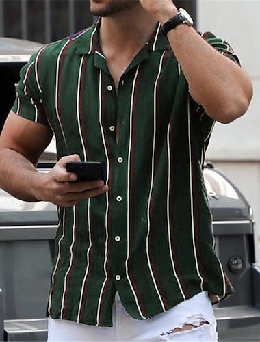  Herren Hemd Sommerhemd Knopfhemd Camp-Shirt Kubanisches Hemd Schwarz Marineblau Kurzarm Gestreift Umlegekragen Strasse Casual Button-Down Bekleidung Sport Modisch Klassisch Komfortabel
