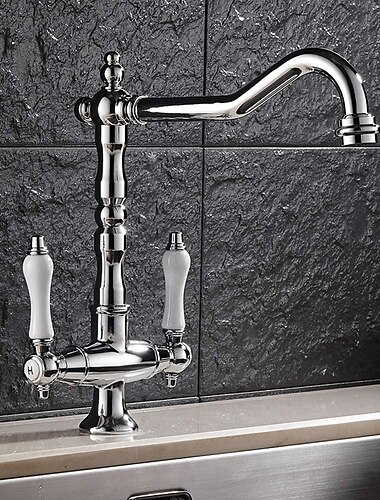 Mitigeurs d'évier de cuisine traditionnels à double levier, robinet d'eau froide et chaude à double levier monté sur le pont, robinet d'évier à bec pivotant à 360 ° avec 2 poignées en céramique, double poignée classique en laiton antique pour cuisine sall