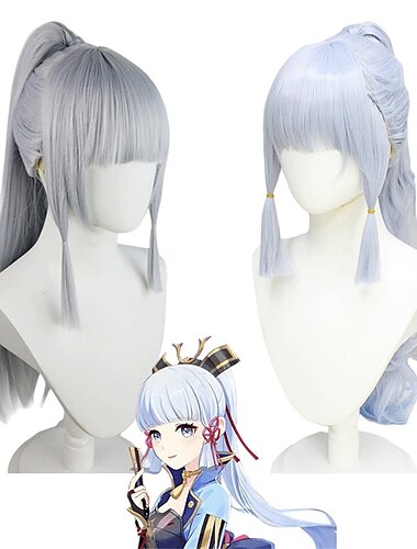  genshin impact wig shenli linghua cos парик моделирование ролевая модель светло-серебристый одинарный конский хвост косплей длинные волосы карнавальный парик