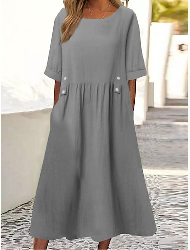  Per donna Abito Midi Finto cotone e lino Abito a Tubino Abito smock Tinta unita Essenziale Casual Quotidiano Vestibilità comoda Manica Corta Girocollo Bianco Viola Verde Grigio Estate