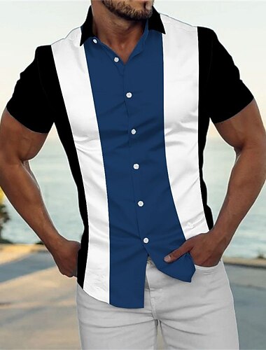  男性用 シャツ ボタンアップシャツ カジュアルシャツ サマーシャツ ルビーレッド ブルー 半袖 カラーブロック 折襟 ストリート 日常 プリント 衣類 ファッション カジュアル 快適