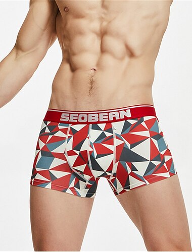  Bărbați 1 Bucată Boxeri Lenjerie de corp Briefs Imprimeu Spandex Amestec poliester / bumbac Lavabil Comfortabil Geometică Imprimeu Grafic Talie Joasă Negru Roșu-aprins