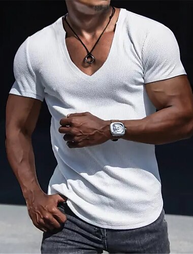  Herren T Shirt Rippenstrick-Top Geripptes Strick-T-Shirt Kurze Ärmel V Ausschnitt Sommer Einfach Designer Basic Moderne zeitgenössische Urlaub Straße Ausgehen Schwarz Weiß Grau Top T-Shirt für Herren