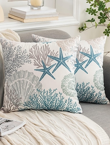  Nautical Coastal Floral Double Side Pillow Cover 2PC Soft Decorative Square Cushion Case Pillowcase for Bedroom Livingroom Sofa Couch Chair