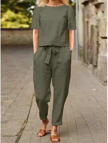  Damen Loungewear Zweiteiler Mode Einfach Lässig Reine Farbe Tasche Baumwolle Leinen Sets T-Shirt Hose Straße Datum Flughafen Halbarm Rundhalsausschnitt Armeegrün Orange Khaki Dunkelblau Sommer Frühling