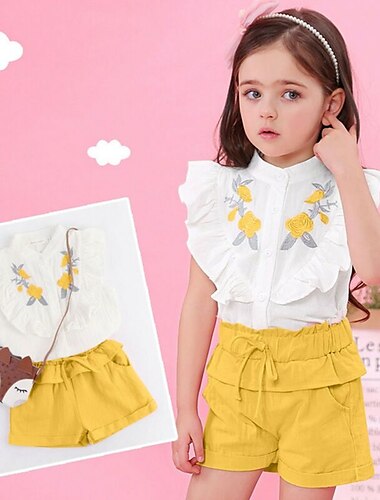  2 Pezzi Bambino (1-4 anni) Ragazze Floreale Set di Abbigliamento Impostato Manica Corta Quotidiano Casuale Cotone 3-7 Anni Estate Giallo