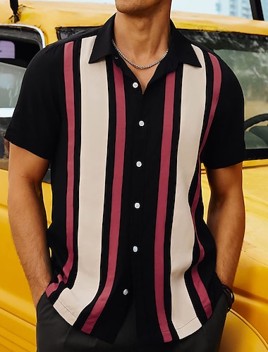  男性用 シャツ ボーリングシャツ ボタンアップシャツ サマーシャツ カジュアルシャツ ブラック ブルー 半袖 ストライプ ラペル ストリート バケーション プリント 衣類 ファッション 1950年代風 レジャー ハワイアン