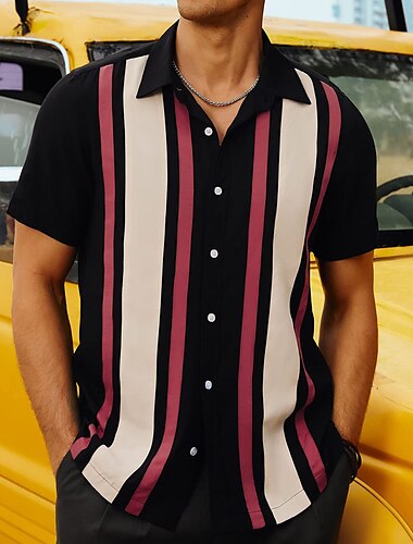  Voor heren Overhemd Zomer overhemd Normaal shirt Bowlingshirt Overhemd met knopen Zwart blauw Korte mouw Gestreept Revers Vakantie Straat Afdrukken Kleding Polyester Modieus Jaren '50 Vrije tijd
