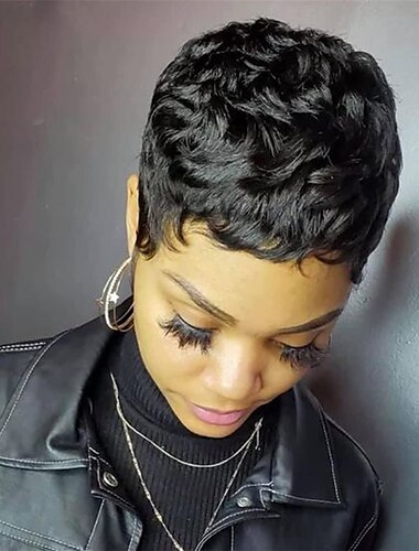  pelucas de pelo corto corte pixie recto corto bob peluca para mujeres negras 100% cabello humano virgen brasileño sin encaje máquina completa hecha 6 pulgadas color negro natural peluca pixie