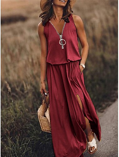  Damen Freizeitkleid einfarbig Reißverschlusstasche V-Ausschnitt Maxi langes Kleid Basic Casual Alltag ärmellos Sommer Frühling