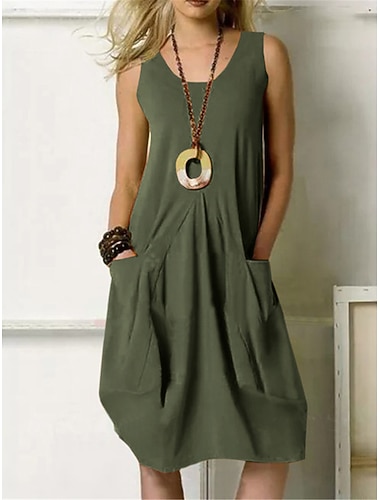  Damen Midikleid 100% Baumwolle Shiftkleid Sommerkleid Freizeitkleid Basic Klassisch Lässig Täglich Outdoor Normale Passform Einfarbig Ärmellos U-Ausschnitt Armeegrün Marineblau Orange Aprikose Sommer