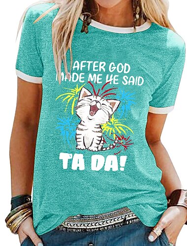  Damen T Shirt Katze Buchstabe Text Basic Kurzarm Rundhalsausschnitt Normale Oberteile Täglich Wochenende Bedruckt Schwarz Gelb Blau Purpur Grün Frühling, Herbst, Winter, Sommer