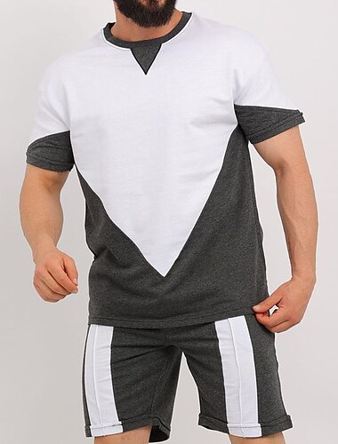  Herren Shorts und T-Shirt-Set Kurze Ärmel Rundhalsausschnitt Sommer Farbblock Stilvoll Moderne zeitgenössische Bequem 2 teilig Urlaub Lässig Täglich Schwarz Weiß Rote Top T-Shirt für Herren