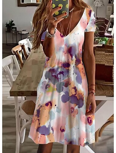  Damen Mini Kleid Petite Kleid T-Shirt Kleid Tee Kleid Sommerkleid A-Linien Kleid Süß Outdoor Urlaub Geburtstag Regular Fit Floral Kurzarm V-Ausschnitt Schwarz Weiß Pink Wein Sommer
