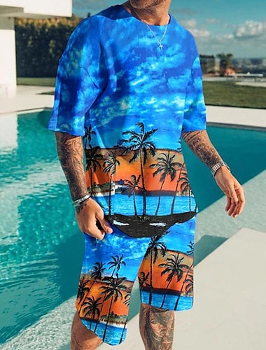  男性用 ショーツとTシャツのセット Tシャツの衣装 ビーチ T シャツ グラフィック ココナッツの木 ビーチ クルーネック 衣類 3Dプリント アウトドア 日常 半袖 3Dプリント 2個 2個 ハワイアン デザイナー カジュアル