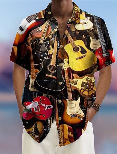  Herren Musik Gitarre Rock'n'Roll Hemd Sommer Hawaiihemd Knopfhemd Kurze Ärmel Mode Streetwear Designer Outdoor Straße Lässig Sommer Frühling Umlegekragen Druck Aprikose Gelb Blau Grün Regenbogen