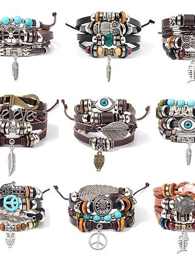  Pulsera de cuentas de madera de cuero tejido turquesa para hombre, colgante multicapa, pulsera de mujer con cuentas, estilo de pareja diy