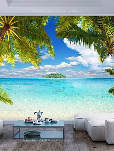  Wandbild Tapete Wandaufkleber mit Druck zum Abziehen und Aufkleben, entfernbar, selbstklebend, Landschaft, Meer, Baum, PVC/Vinyl, Wohnkultur