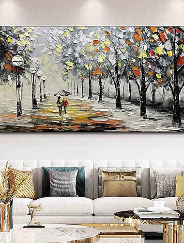  pittura a olio di paesaggio arte della parete su tela due persone con ombrelloni che passeggiano lungo il sentiero nel bosco decorazione della casa arredamento tela arrotolata senza cornice non tesa