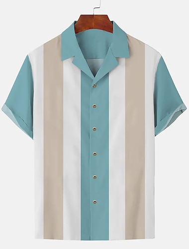  男性用 シャツ ボタンアップシャツ カジュアルシャツ サマーシャツ ボーリングシャツ ライトグリーン ダークネイビー グリーン 半袖 ストライプ ラペル ストリート バケーション プリント 衣類 ファッション 1950年代風 レジャー ハワイアン