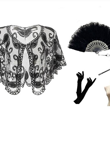  vrouwen 5 stks accessoires set jaren 1920 the great gatsby pailletten sjaals mantel veer fans handschoenen parel accessoires sigaret stok