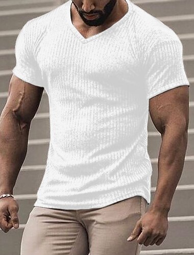  Voor heren T-shirt Spier shirt Geribbeld gebreid T-shirt Korte Mouw V-hals Zomer Effen Ontwerper Basic Modern eigentijds Vakantie Straat Uitgaan Zwart Wit Koffie Top T-shirt voor mannen