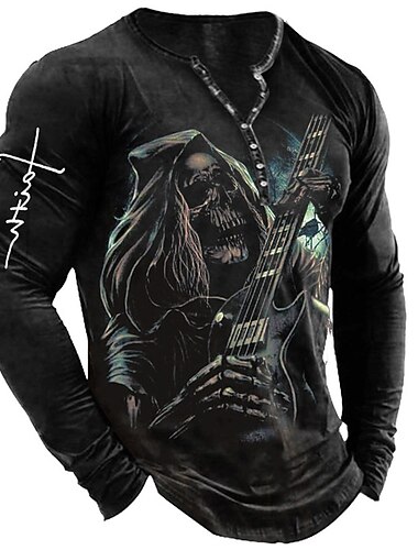  Voor heren Grafisch Doodskoppen Skelet Henley-shirt T-shirts Lange mouw 3D-afdrukken Modieus Ontwerper Comfortabel Buiten Casual Dagelijks Lente & Herfst Zwart Henley Henley-T-shirt