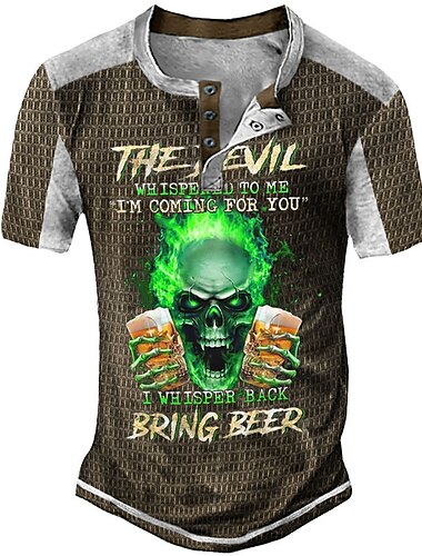  Herren Graphic Bier Totenkopf Motiv Henley Shirt Tee Kurzarm 3D-Druck Modisch Designer Komfortabel Outdoor Casual Täglich Sommer Schwarz Marineblau Purpur Braun Grün Henley Henley T-Shirt