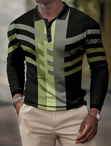 Herren Karomuster Waffel-Poloshirts Golfshirt Langarm Polo-Shirts Hemden mit Kragen Vintage Lässig Urlaubskleidung Formelle Kleidung Festivalkleidung Knöpfe 3D-Druck Schwarz Rote Blau