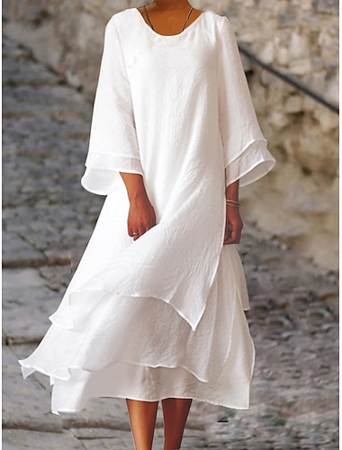  Dames midi-jurk 100% katoen, katoenen jurken, kaftan, witte jurk, basic, casual, dagelijks, outdoor, vakantie, losse pasvorm, effen kleur, lange mouwen, ronde hals, lichtroze, wit, zomer, lente, herfst.