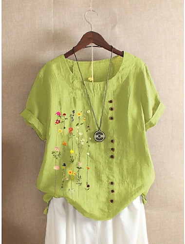  Damen Shirt 100% Baumwolle Shirt Bluse Floral Alltag Vintage Lässig Leinenähnlich Kurzarm Rundhalsausschnitt Weiß Sommer Frühling
