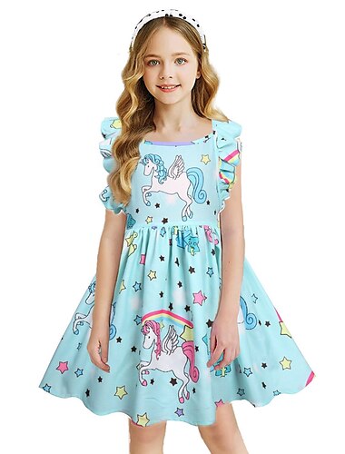  Kinder Mädchen Kleid Regenbogen Einhorn Stern Kurzarm Lässig Lässig Süß Baumwolle Über dem Knie Freizeitkleid A Linie Kleid Sommer Frühling 3-8 Jahre Hellblau Hellgrün Rosa