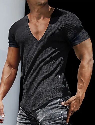  男性用 Tシャツ リブニットTシャツ ティートップ 平織り Ｖネック ストリート バケーション 半袖 衣類 デザイナー ベーシック 現代コンテンポラリー