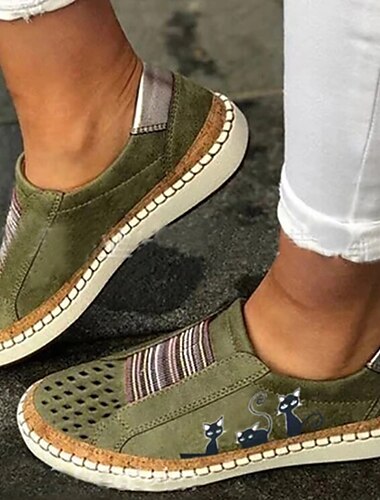  dámské slip-on ležérní tenisky se zeleným kočičím potiskem – prodyšné mokasíny s elastickým panelem pro chůzi, cestování i každodenní nošení