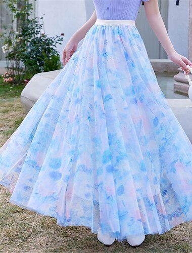  Damen Swing Langer Rock Midi Röcke Spitze Lagendruck Blumen Unifarben Alltag Date Frühling&amp;sommer elegant langer sommer schwarz rosa blau orange