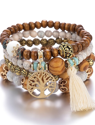  árbol&amp; Pulsera de cuentas con dije de borla hecha a mano estilo bohemio pulsera de cuentas de madera multicapa pulsera elástica joyería de mano