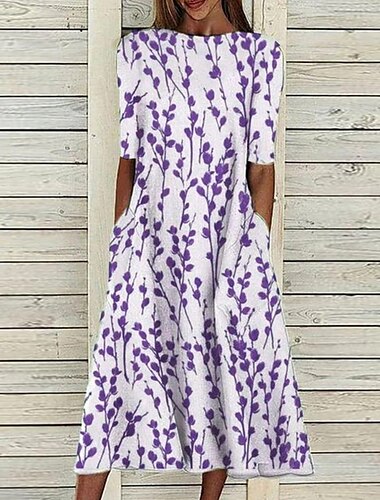  Damen Midi Kleid Freizeitkleid Blau Halbarm Druck Rüschendruck Frühling Sommer Rundhals Casual 2023 S M L XL XXL 3XL