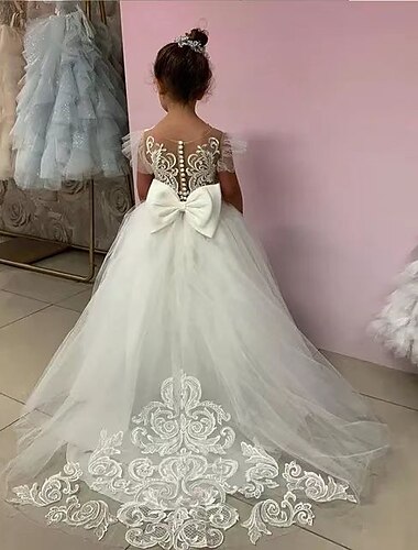  Blumenmädchenkleid Mädchen Kleid für die Erstkommunion Party Kleid Leistung Hochzeit Party Prinzessin Süß Gitter Feste Farbe Ärmellos Rundhalsausschnitt Weiß Champagner 2-12 Jahre