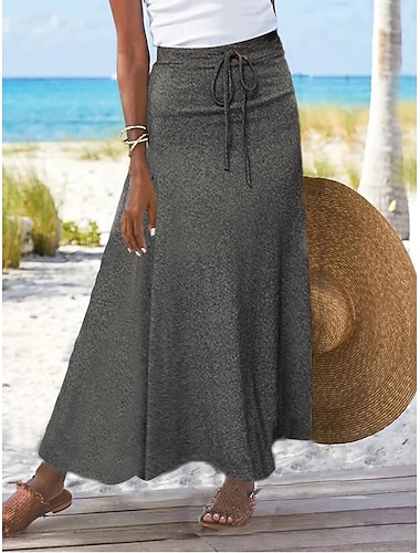  Mujer Falda larga Faldas Puntas abiertas Color sólido Diario Vacaciones Primavera verano Algodón estilo costero de la abuela Básico Casual Sirena Negro Gris