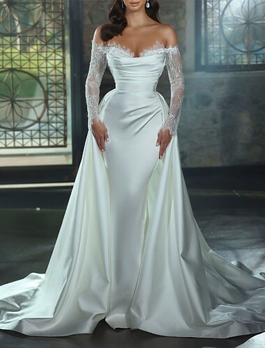  Verloving Formele Trouwe Dresses Sheath Off Shoulder Lange Mouw Kapel Train Satin Bruidsjurken Met Applicaties Effen Kleur 2025