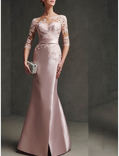  Robe Mère de la Mariée Sirène Robe Formelle Soirée Élégante Fête Encolure Scoop Longueur de Sol Satin Dentelle Manches 3/4 avec Plis Fente Avant 2025