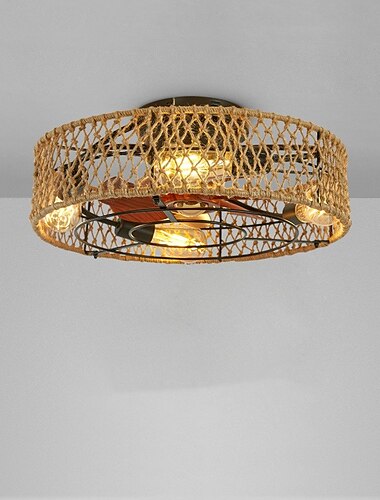  loftsventilator med lys og fjernbetjening, 20" bur med lav profil bladløs bondehus flush-mount boho loftsventilator lys, lukket industriel loftsventilator 6-trins vendbar med 4 pærer.