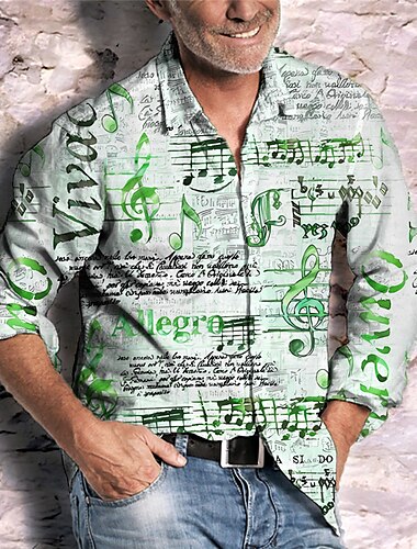  Herren Vintage Musik Noten Hemd Knopfhemd Langarm Mode Streetwear Designer Outdoor Lässig Täglich Sommer Frühling Herbst Umlegekragen Druck Rote Blau Purpur Grün Grau
