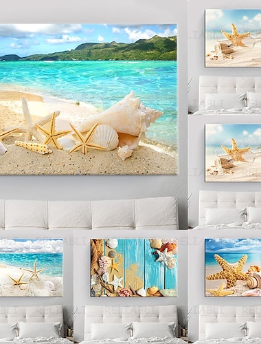 Playa paisaje marino cuadro sobre lienzo para pared concha arte de pared de mar estrellas de mar conchas marinas cuadros de pared póster para sala de estar dormitorio decoración de oficina sin marco