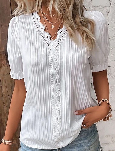  Γυναικεία Δαντελένιο πουκάμισο Μπλούζα Σκέτο Δαντέλα αντίθεσης Κουρελού Causal Κομψό Βασικό Κοντομάνικο Λαιμόκοψη V Λευκό Καλοκαίρι