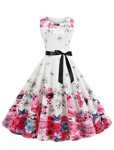  Damen Rüschen Bedruckt Vintage-Kleid Midikleid Polyester Elegant Vintage Blumen Rundhalsausschnitt Ärmellos Urlaub Täglich Sommer Frühling Dunkelviolett Schwarz
